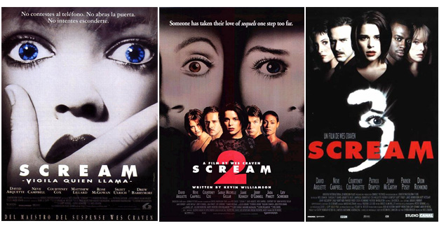scream_carteles_trilogia Carteles de la trilogía de Scream. Como se puede apreciar a través de ellos se repiten numerosos personajes y actores en las sucesivas películas