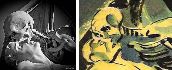 Comparativa entre la imagen de la escultura "El beso de la muerte"y la versión gráfica del cómic "Máxima discreción"