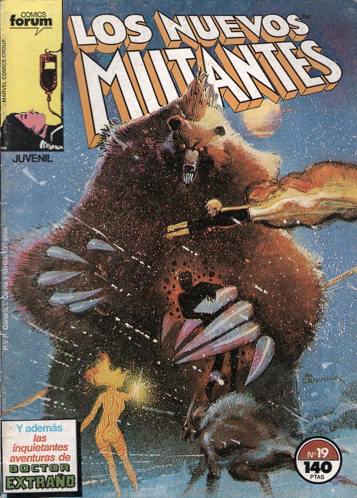 Portada del número 19 de la edición de Forum de Los Nuevos Mutantes. La película respeta mucho la versión de Sienkiewicz del oso demoníaco (demon bear)