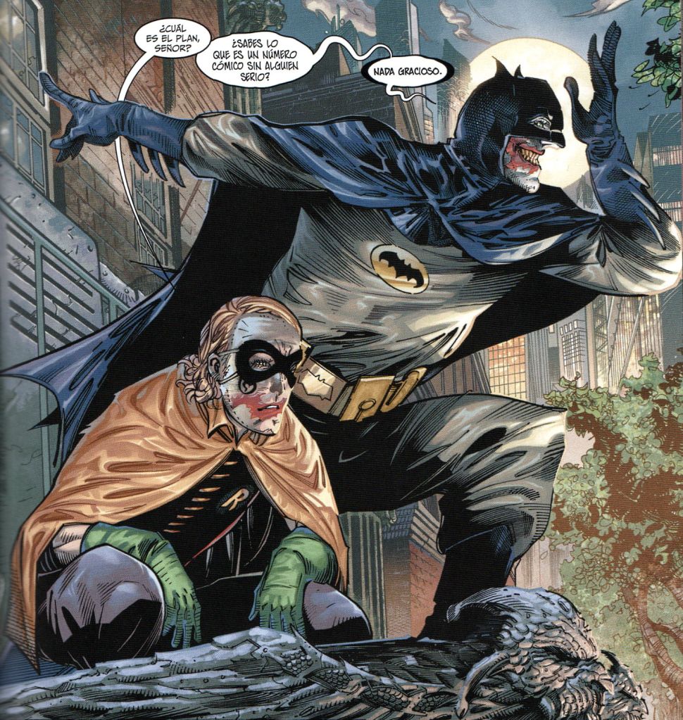 Una de las imágenes de Philip Tan que se quedan "grabadas en la retina": el Joker parodiando a Batman, con Robin incluido