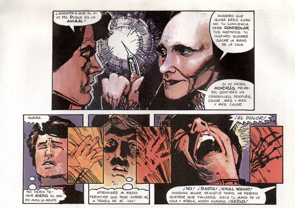 Mítica escena de la novela gráfica "Dune" (1985). Sienkiewicz opta por el expresionismo y la concentración en poco espacio de la escena