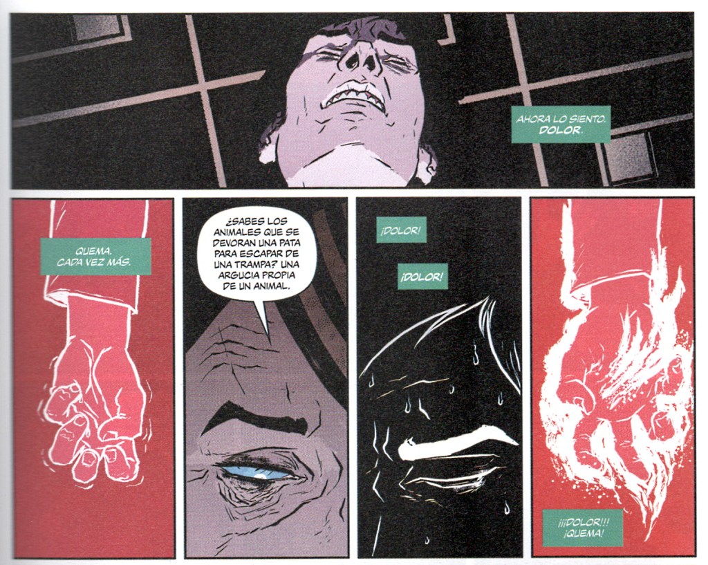 Parte de la misma escena en la novela gráfica de 2021. Esta escena está mucho más desarrollada en esta adaptación y el color tiene un protagonismo que no aparece en la de 1985